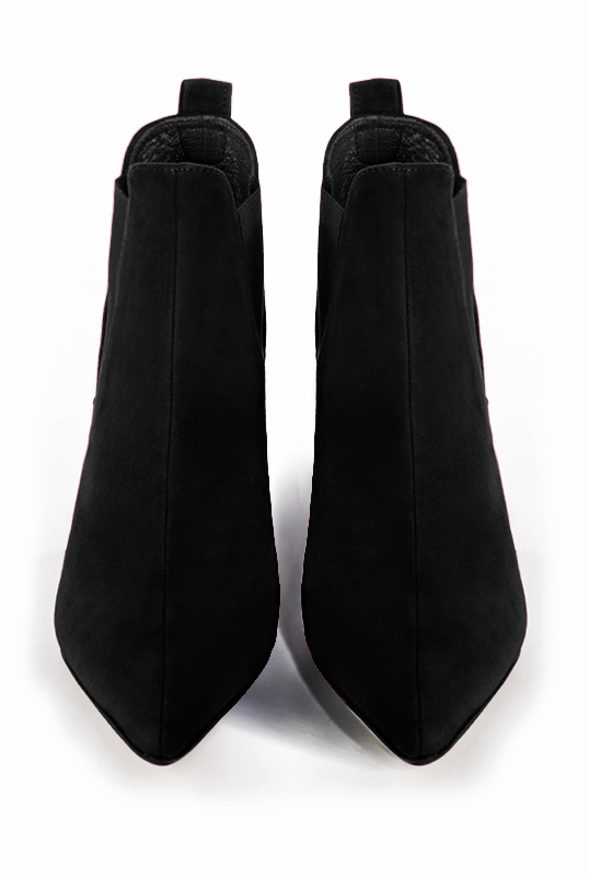 Matt black women's ankle boots, with elastics. Pointed toe. High slim heel. Top view - Florence KOOIJMAN
